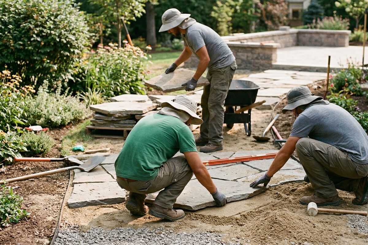 Team laying stone pathway